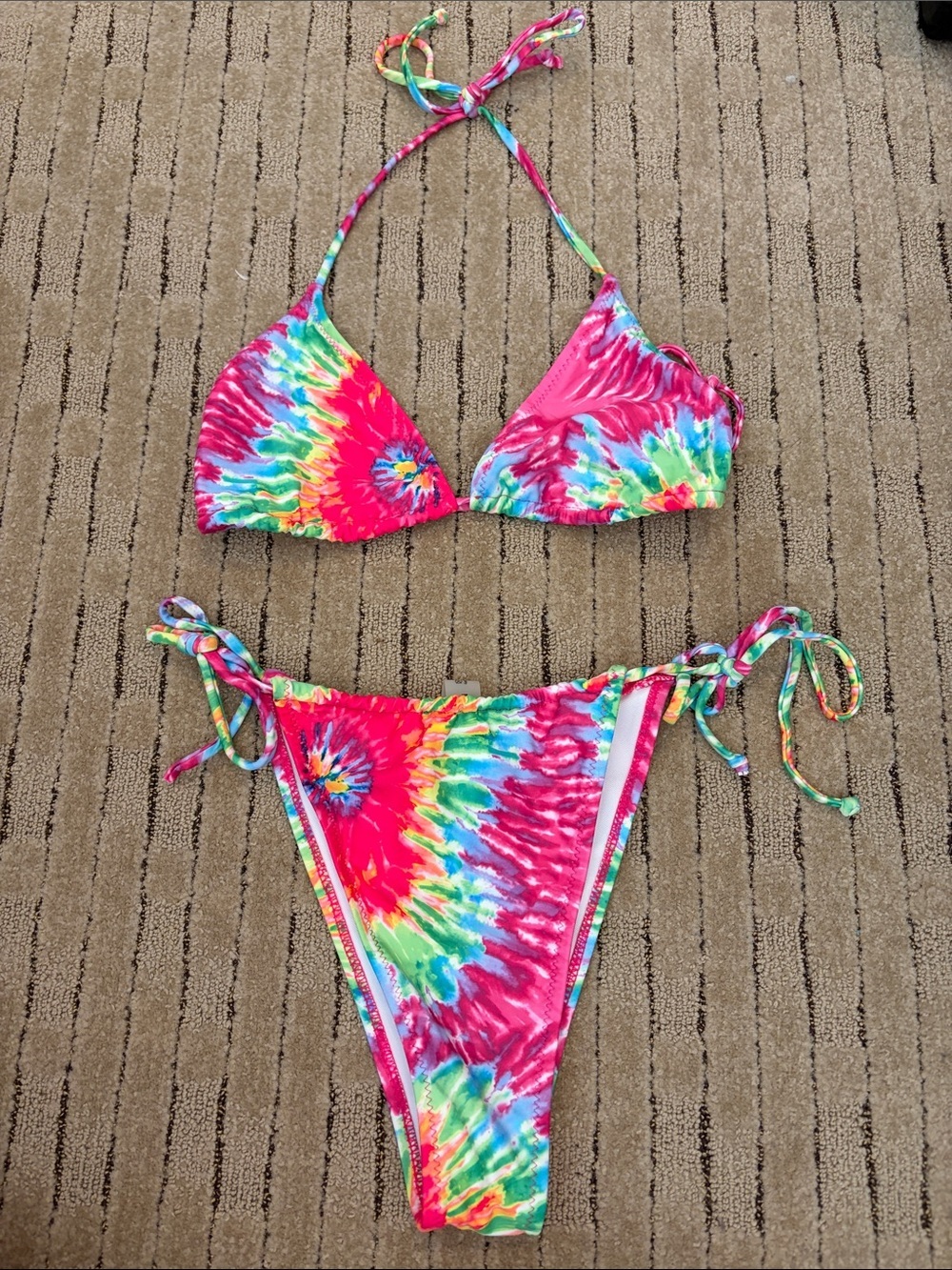 SHEIN Pink Multicolor Tie-Dye Triangle Bikini